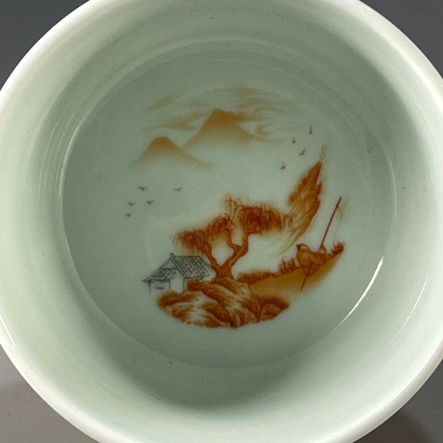 Late 20th Century Vintage Blue & White Underglaze Red Porcelain Teacup – Landscape Scene, Qianlong Mark For Sale - Image 5 of 9
