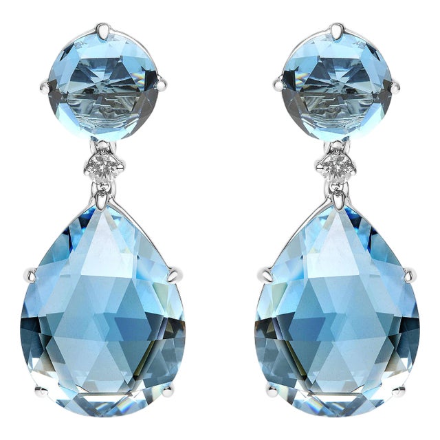 18K White Gold 1/5 Cttw Diamond with Round London Blue Topaz and 20 x 15mm Pear Cut Sky Blue Topaz Gemstone Dangle Earring(G-H Color, SI1-SI2 Clarity) For Sale