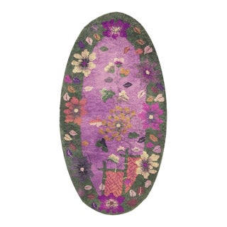 1920s Antique Purple Floral Modernist Chinese Handknotted Art Deco Wool Oval Rug For Sale