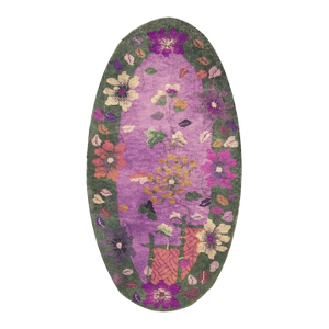 1920s Antique Purple Floral Modernist Chinese Handknotted Art Deco Wool Oval Rug
