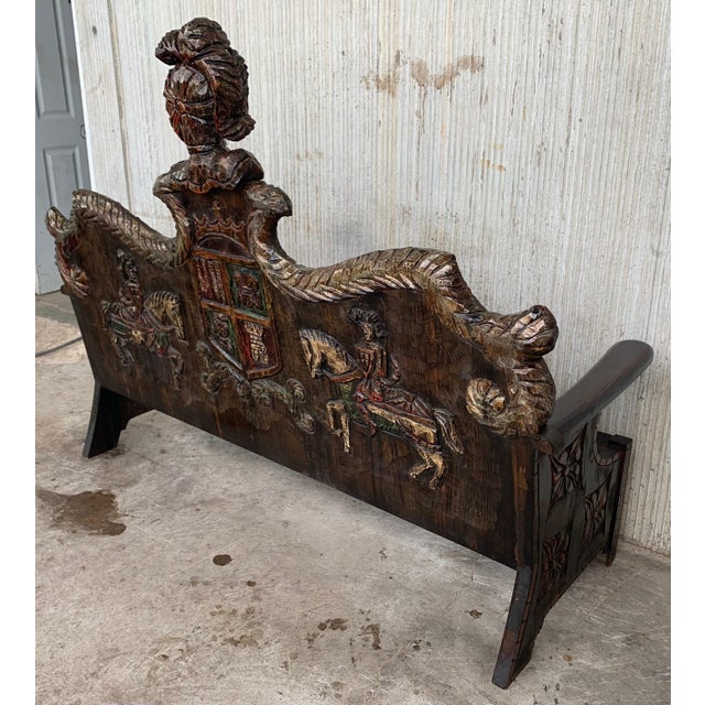 Early 20th Century Spanish Polychromed Hand Carved Oak Settee or Park Bench For Sale - Image 9 of 18