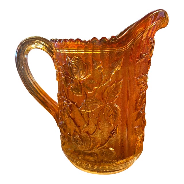 1930s Amber Carnival Glass Pitcher Marigold Rose by Imperial Glass Company For Sale