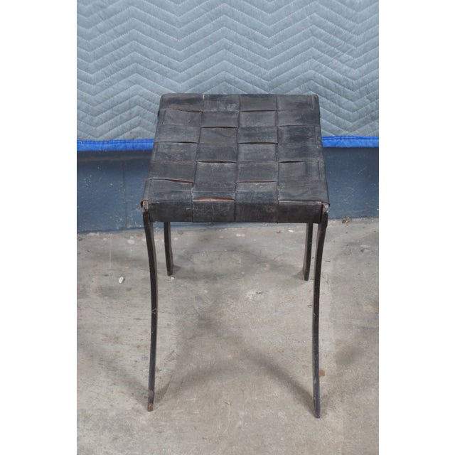 Metal Mid 20th Century Vintage French Industrial Iron & Woven Leather Saber Leg Stool Bench Seat For Sale - Image 7 of 11