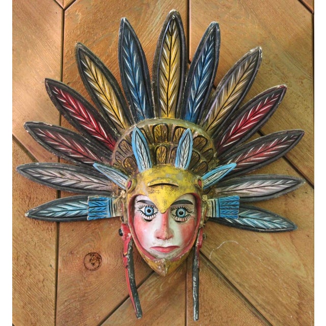 Wood Vintage Ixcateopan Cuauhtemoc Folk Art Dance Mask, Hand Carved Mexican, 24x24" For Sale - Image 7 of 11