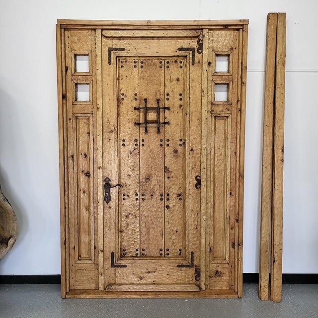 Handcrafted Solid Wood Rustic Door – Custom Spanish Colonial Double Sidelight Design Made to Order For Sale - Image 13 of 18
