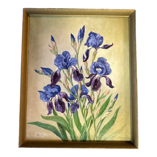 1970’s Original Impressionist Purple Irises Still Life Painting For Sale