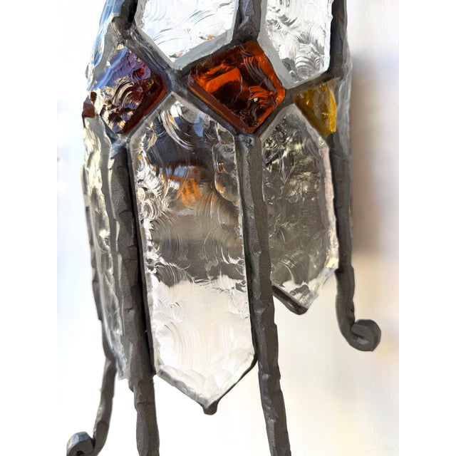 Mid-Century Modern Pair of Hammered Glass Wrought Iron Sconces by Longobard, Italy, 1970s For Sale - Image 3 of 12