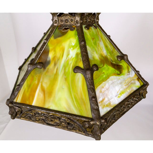 Early 20th Century Cast Bronze & Green Amber Slag Glass Hex Paneled Pendant Light For Sale - Image 11 of 13