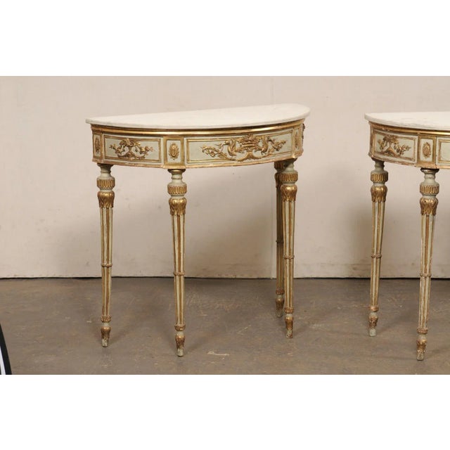 Italian A Pair - 18th Century Italian Marble Top, Gilt Demi-Lunes For Sale - Image 3 of 12