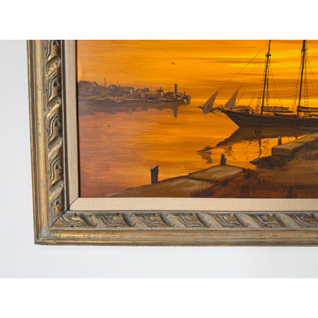 Brown 1970’s Charles Stepule Sunset Harbor Scene Oil on Canvas Painting, Wood Framed For Sale - Image 8 of 12