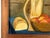 A charming mid-century still life oil on board by V. Sloan, depicting a rustic kitchen scene with bread, ripe peaches, and...
