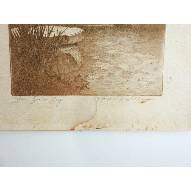 Etching on paper in sepia ink of the San Luis Rey Mission by Homer Ross Willaims (1901-1954) California. Signed and titled...