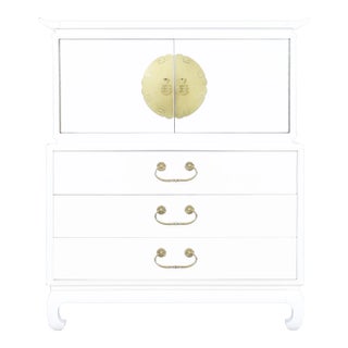 Vintage Hollywood Regency Asian-Inspired White Lacquered Highboy Dresser For Sale