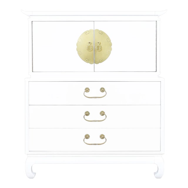 Vintage Hollywood Regency Asian-Inspired White Lacquered Highboy Dresser For Sale
