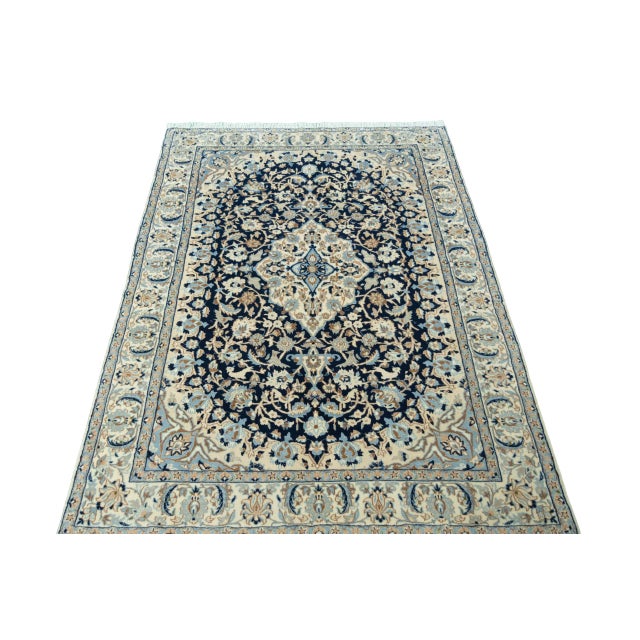 Hand-Knotted Nain 9la Oriental Rug 195 X 120 Cm Fine Wool & Silk, Medallion, Blue-Beige For Sale - Image 4 of 13