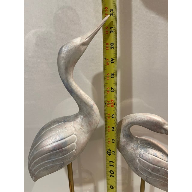 1970s 1970s Hollywood Regency Silver Leaf Crane Sculptures on Thick Lucite Bases - A Pair For Sale - Image 5 of 12