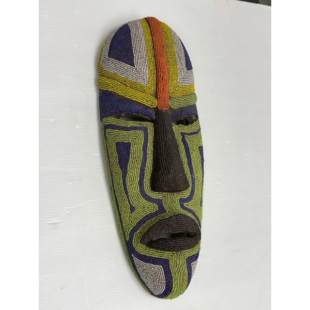 African Handcrafted African Glass Beaded Carved Wood Mask For Sale - Image 3 of 12
