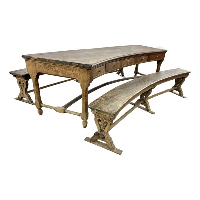 18th Century French Walnut Crescent Table and Two Benches For Sale