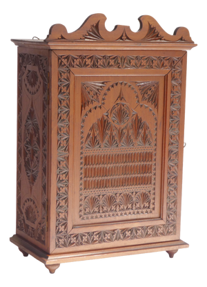 Small Antique Dutch Art Nouveau Folk Art Carved Wood Apothecary Cabinet, 1920s