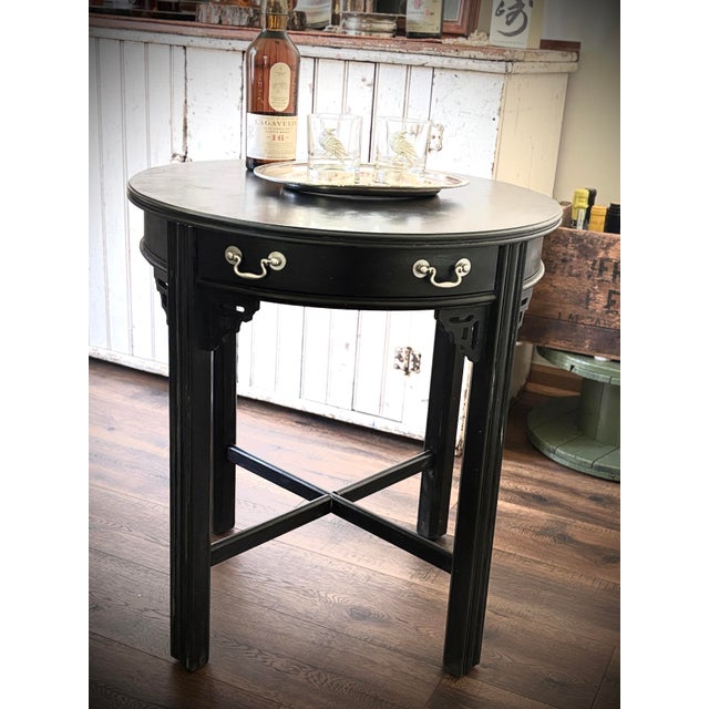 Wood Antique Chinoiserie 24" Black Round Accent Table With Curved Drawer For Sale - Image 7 of 8