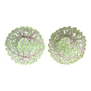 1755 Longton Hall Porcelain Openwork Leaf Dishes, Pair, Green and Puce, Staffordshire For Sale
