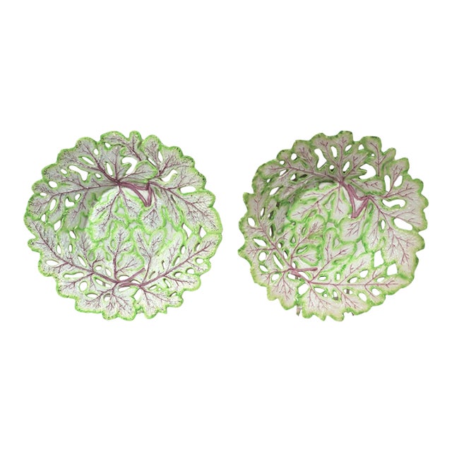 1755 Longton Hall Porcelain Openwork Leaf Dishes, Pair, Green and Puce, Staffordshire For Sale