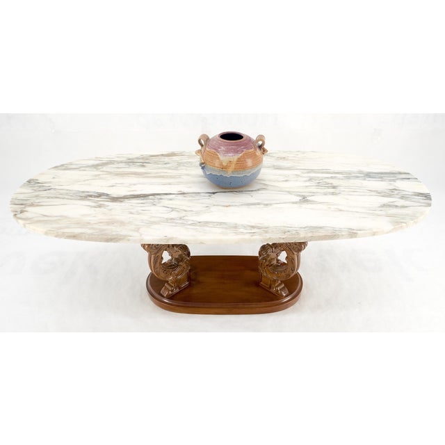 Carved Regency Style Walnut Base Oval Marble Top Coffee c1960s For Sale - Image 6 of 7