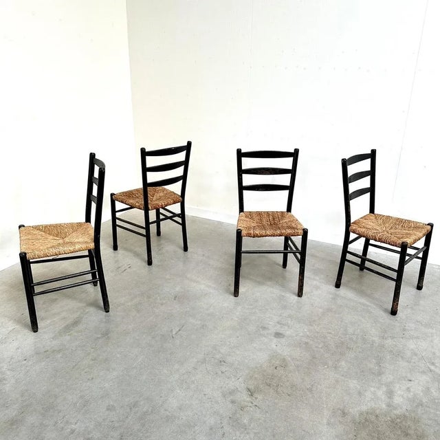 Wood Mid-Century Ladder Back Dining Chairs with Wicker Seats, 1950s, Set of 4 For Sale - Image 7 of 9