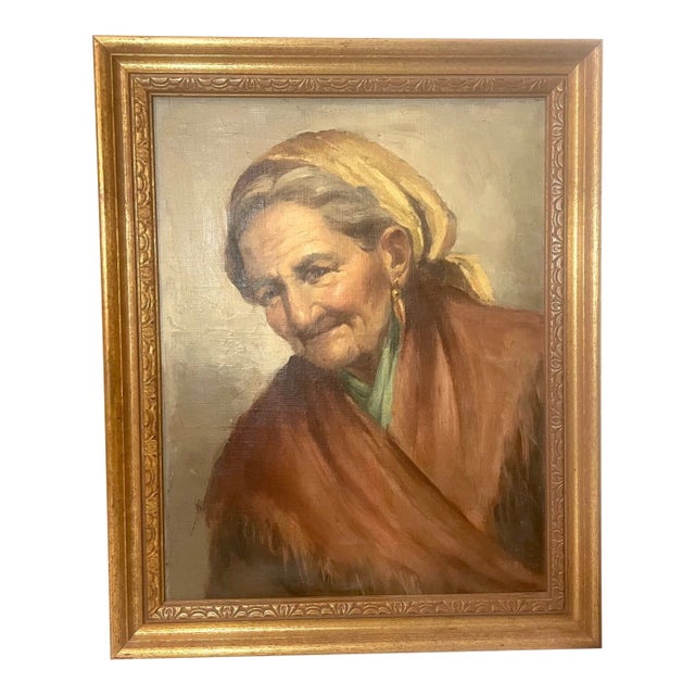 Vintage Original Oil Painting Realism Elder Lady Woman Portrait on Board Framed For Sale