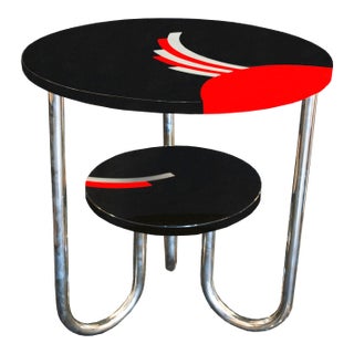 1940s Bauhaus-Deco Round Black and Red Lacquer Table With Silver Leaf Details For Sale