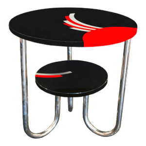 1940s Bauhaus-Deco Round Black and Red Lacquer Table With Silver Leaf Details