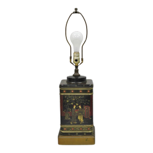Vintage Chinoiserie English Tole Metal Tea Canister Chinese Painted Table Lamp