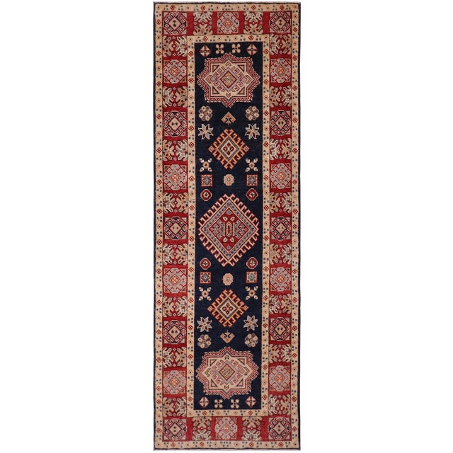 Southwestern Kazak Blue/Red Wool Runner Rug- 2'6''x9'7'' For Sale - Image 9 of 10