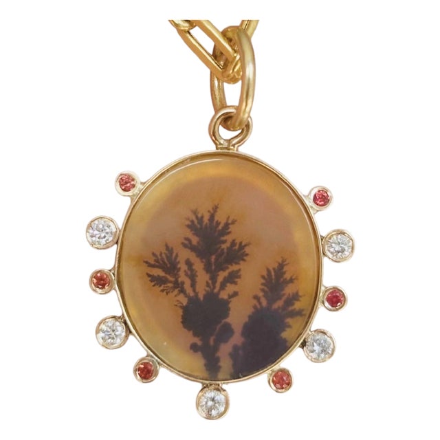 Dendritic Agate Pendant With Diamonds, Sapphires & 14k Gold For Sale