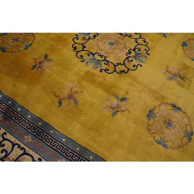 1920s Yellow Safrron Medallion Antique Chinese Peking Carpet 9'' X 12' Knotted Wool Rug For Sale In New York - Image 6 of 12