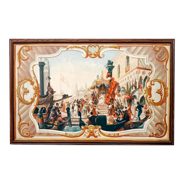 Late 20th Century Large Scale Framed Venetian Canal Scene Neoclassical Architectural Mural Style Painting on Board For Sale