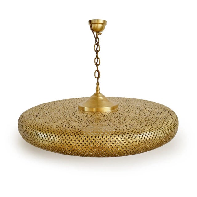 Vintage Moroccan Brass Work Pancake Pendant Light Large For Sale - Image 4 of 8