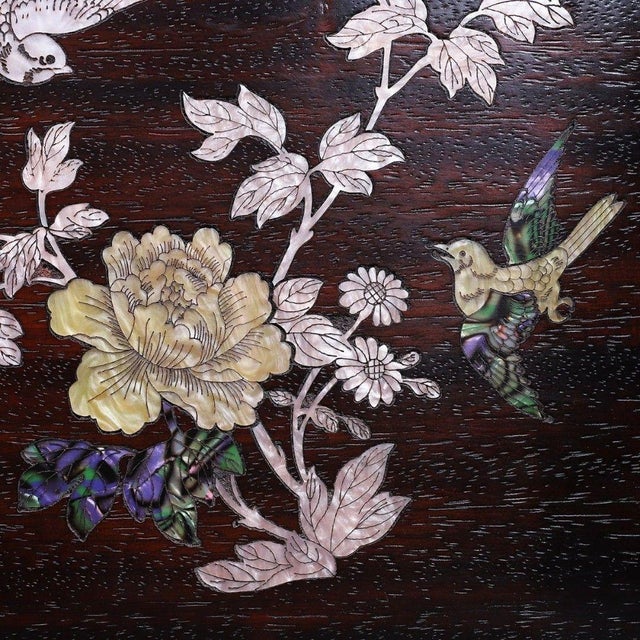 Late 19th Century Square Wooden Tray With Mother-of-Pearl Bird and Peony Inlay For Sale - Image 9 of 9