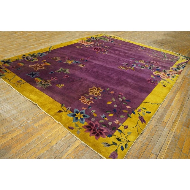 Art Deco Traditional Purple Open Field With Floral Design Antique Chinese Art Deco Rug For Sale - Image 3 of 7