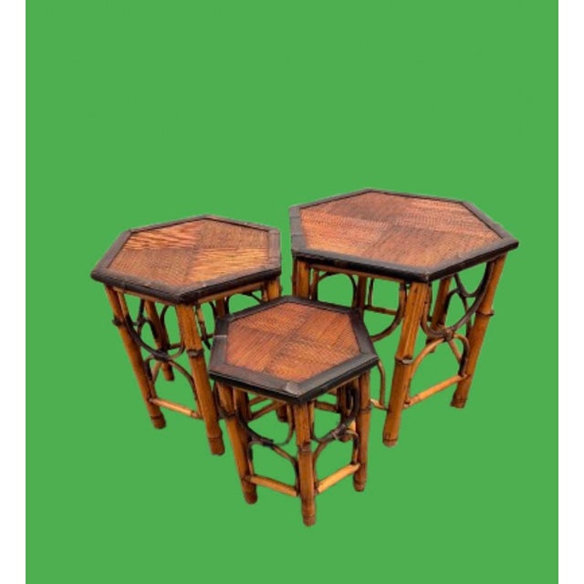 Mid-Century Modern 1970s Vintage Burnt Bamboo & Rattan Nesting Hexagon Shaped Tables - Set of 3 For Sale - Image 3 of 9