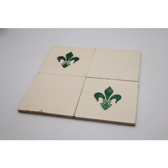 Antique White 1900s Fleur De Lis and White Antique Set of Four Large Tiles, Portuguese For Sale - Image 8 of 12