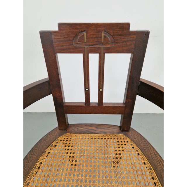 Art Nouveau Deco Armchair in Rattan Webbing, Oak and Copper, 1920s For Sale - Image 3 of 9