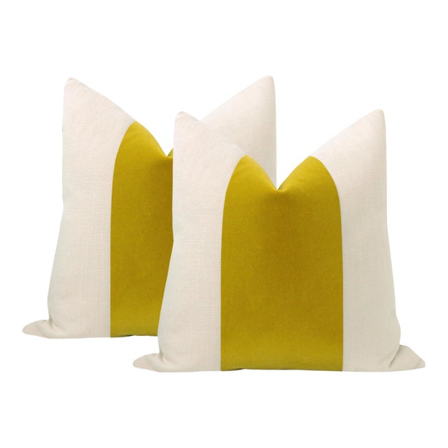 22" Chartreuse Mohair Panel + Linen Pillows - a Pair For Sale
