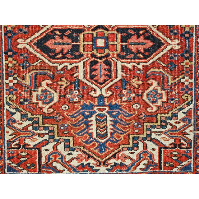 Vintage Persian Heriz Serapi Rug, Hand-Knotted Wool, Geometric Pattern, Brick-Red & Ivory, 4x4 For Sale - Image 4 of 18