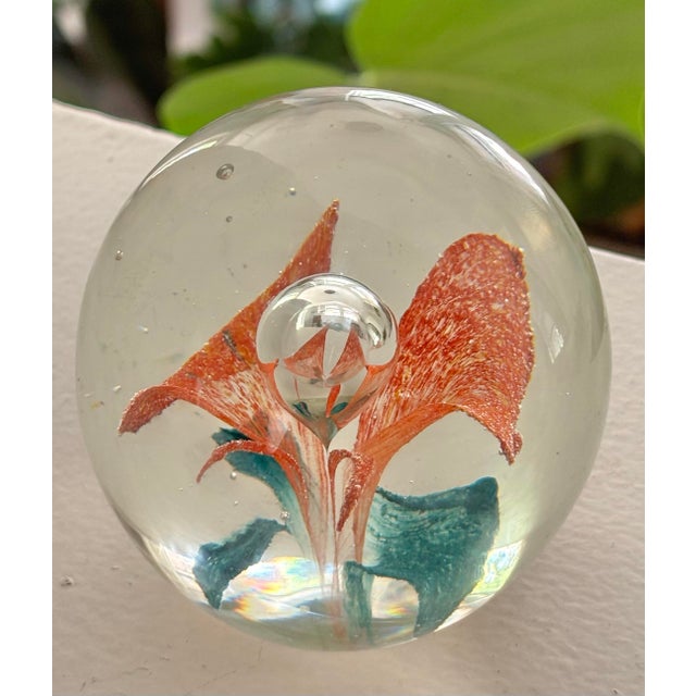 Vintage Orange Floral Hand-Blown Glass Paper Weight For Sale - Image 4 of 7