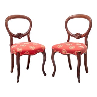 Pair Early 20th C Walnut Balloon Back Side Chairs With Red Upholstery For Sale
