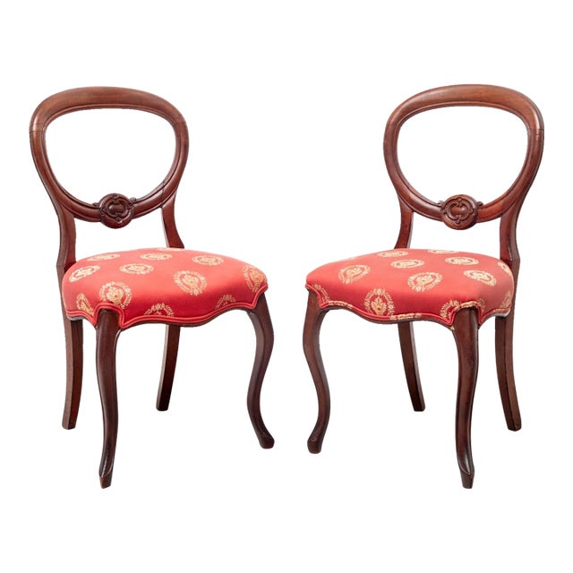 Pair Early 20th C Walnut Balloon Back Side Chairs With Red Upholstery For Sale