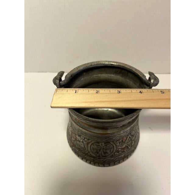 Metal Antique Turkish Hand Hammered Silver Over Copper Cauldron With Iron Snake Handle For Sale - Image 7 of 7