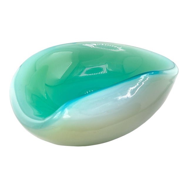 Vintage Murano Glass Sommerso Ashtray Seguso Poli Barbini Venini Teal & White For Sale