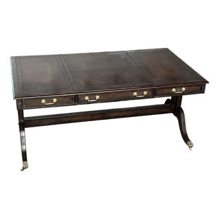 Maitland-Smith Embossed Leather Wrapped Partners Desk W/ Brass Hardware For Sale